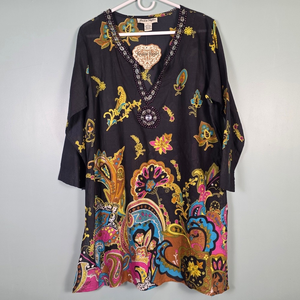 Jessica Taylor Women Black Paisley Beaded V-Neck Cotton Tunic Top 2825 Large NEW